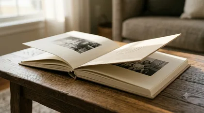 An open photo album on a wooden table.