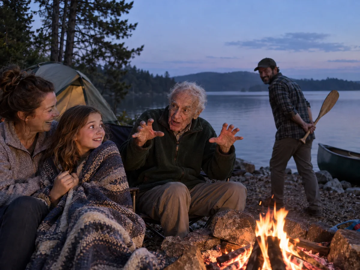 A grandfather telling a story by a campfire at a lake at dusk, with his granddaughter, her mum, and his son holding a paddle behind them
