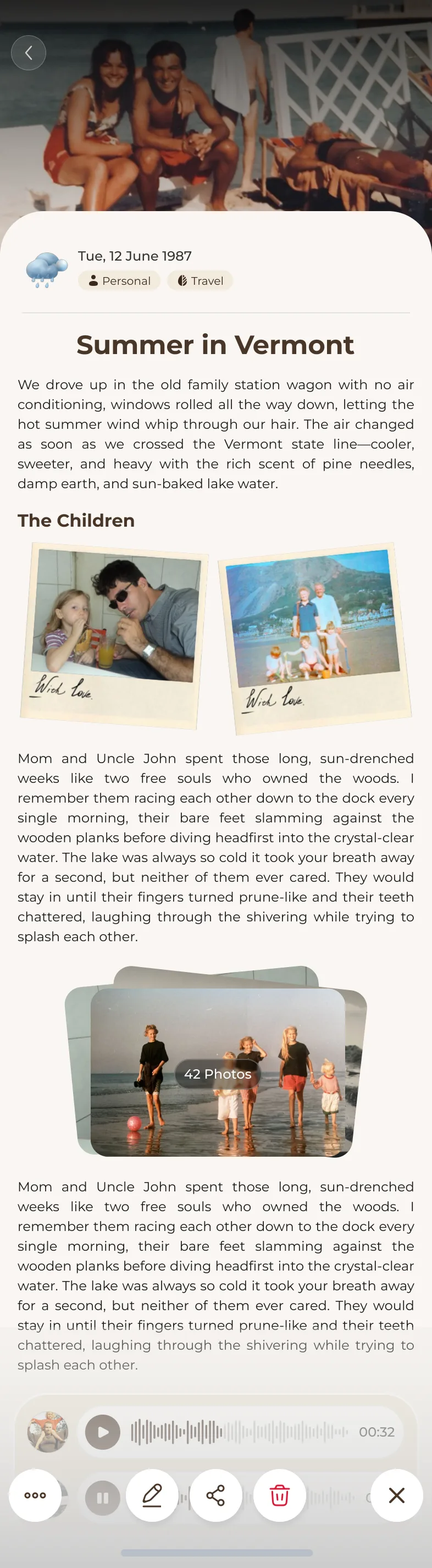 A memory page in the A Story app, with photographs and the story as told
