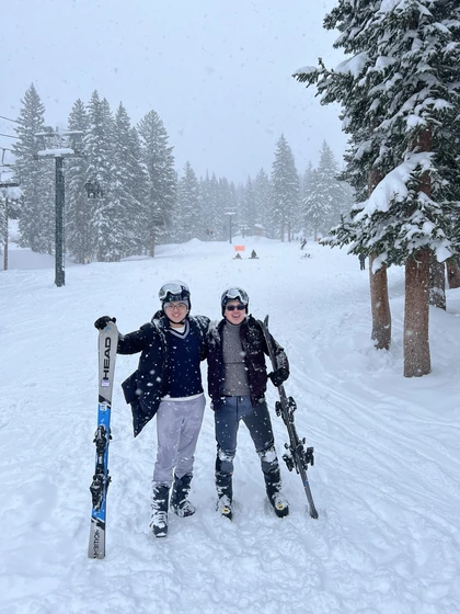 Bao Vo and another skier in the Wasatch Mountains near Salt Lake City, Utah.